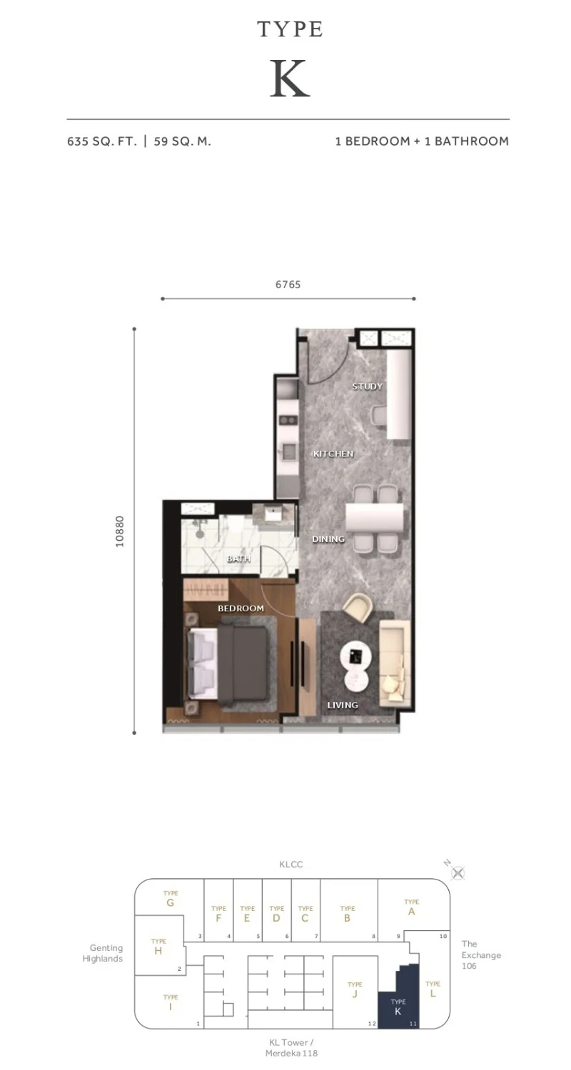 Type K floor plan and key plan diagram — CloutHaus Residences KLCC