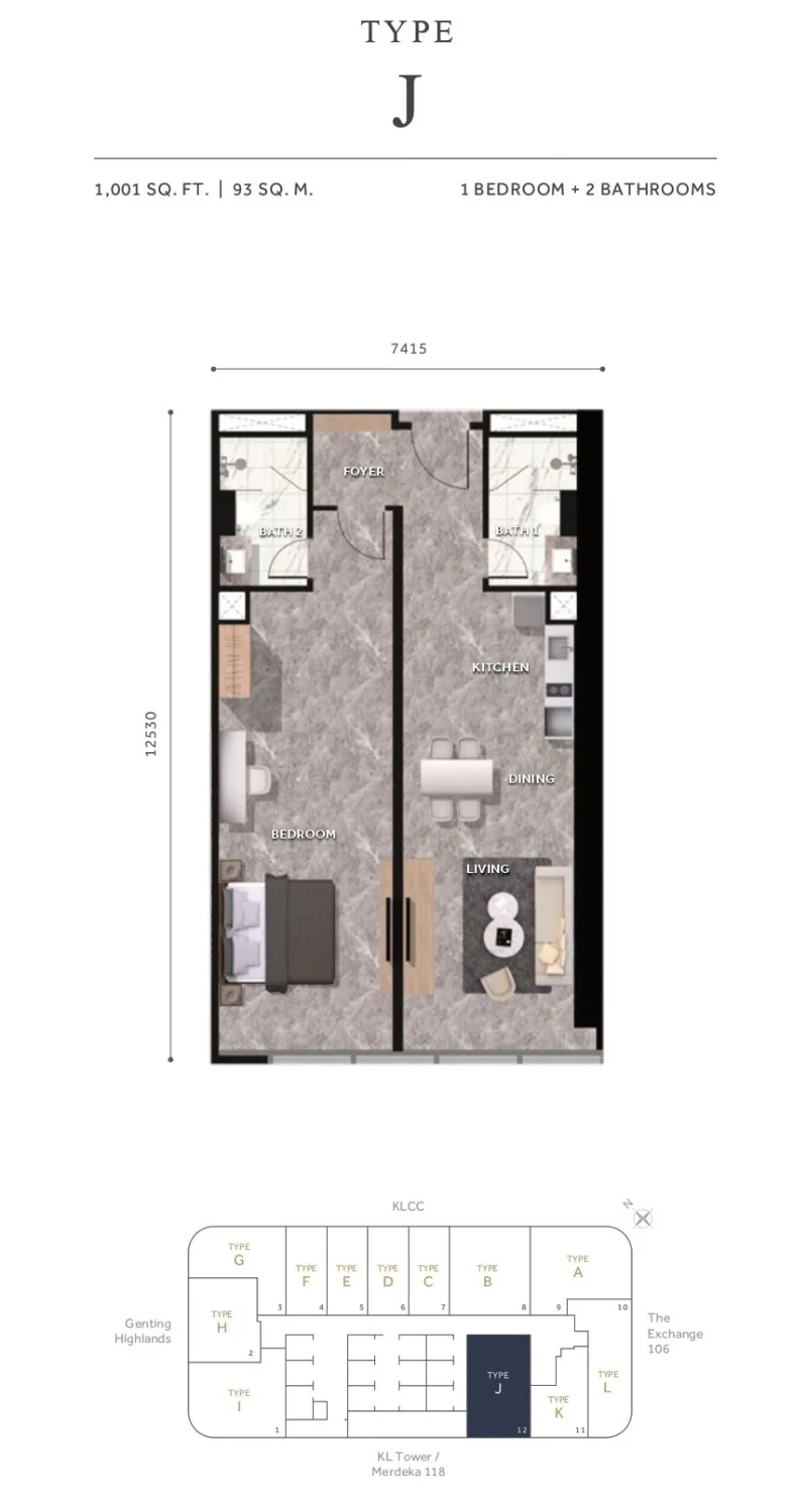 Type J floor plan and key plan diagram — CloutHaus Residences KLCC