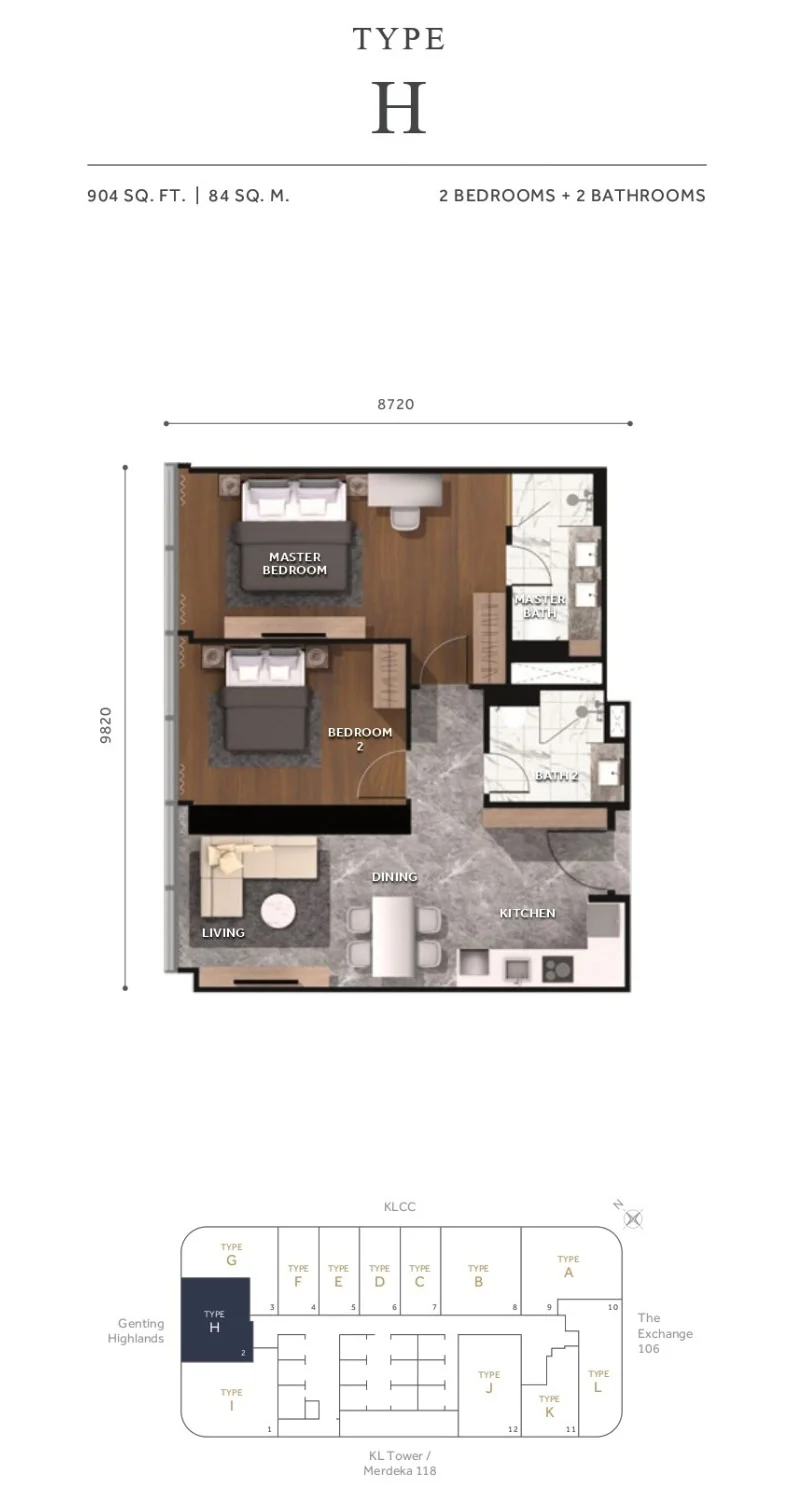 Type H floor plan and key plan diagram — CloutHaus Residences KLCC