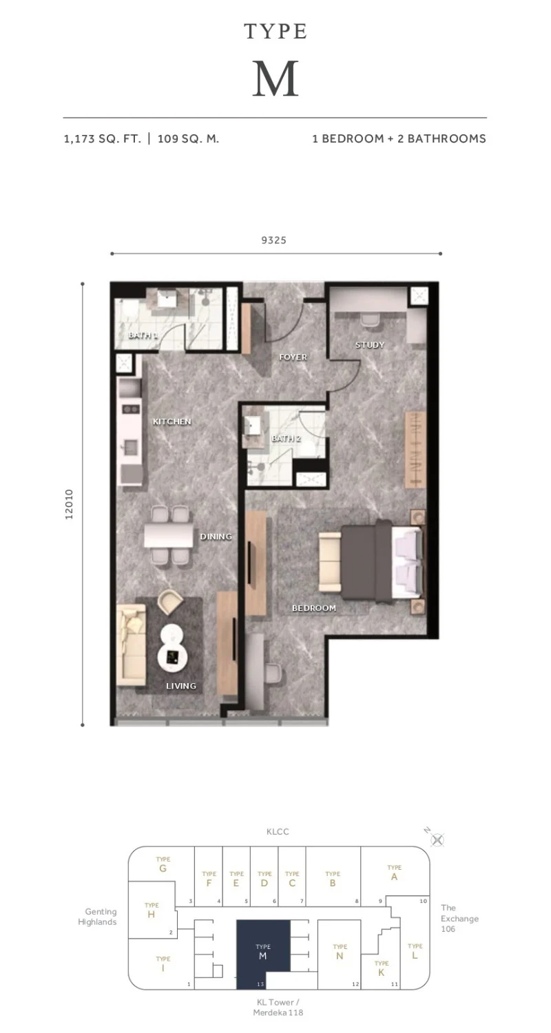 Type M floor plan and key plan diagram — CloutHaus Residences KLCC