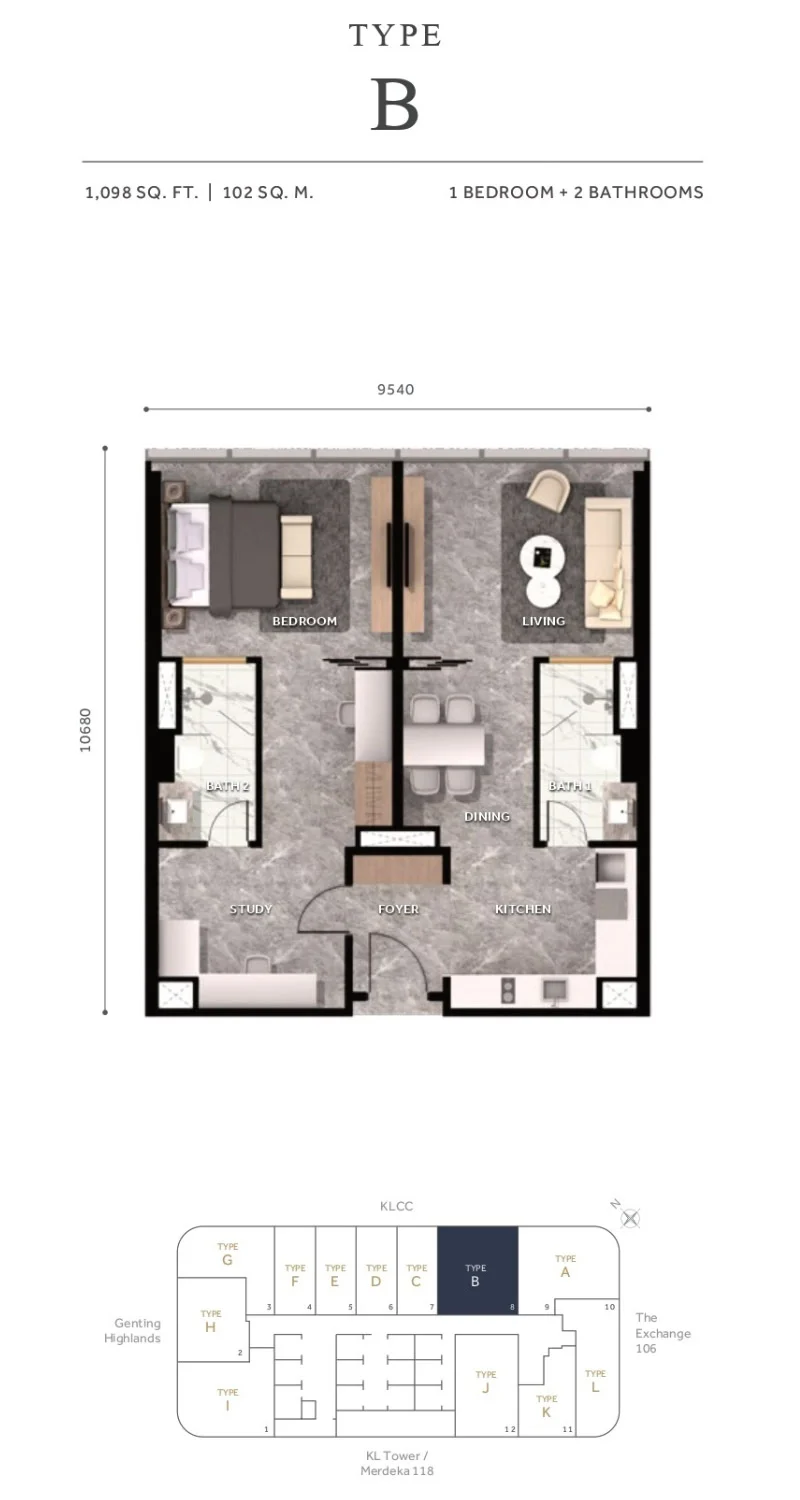 Type B floor plan and key plan diagram — CloutHaus Residences KLCC