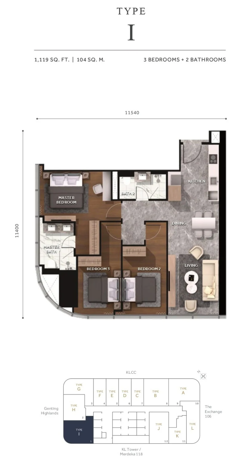 Type I floor plan and key plan diagram — CloutHaus Residences KLCC