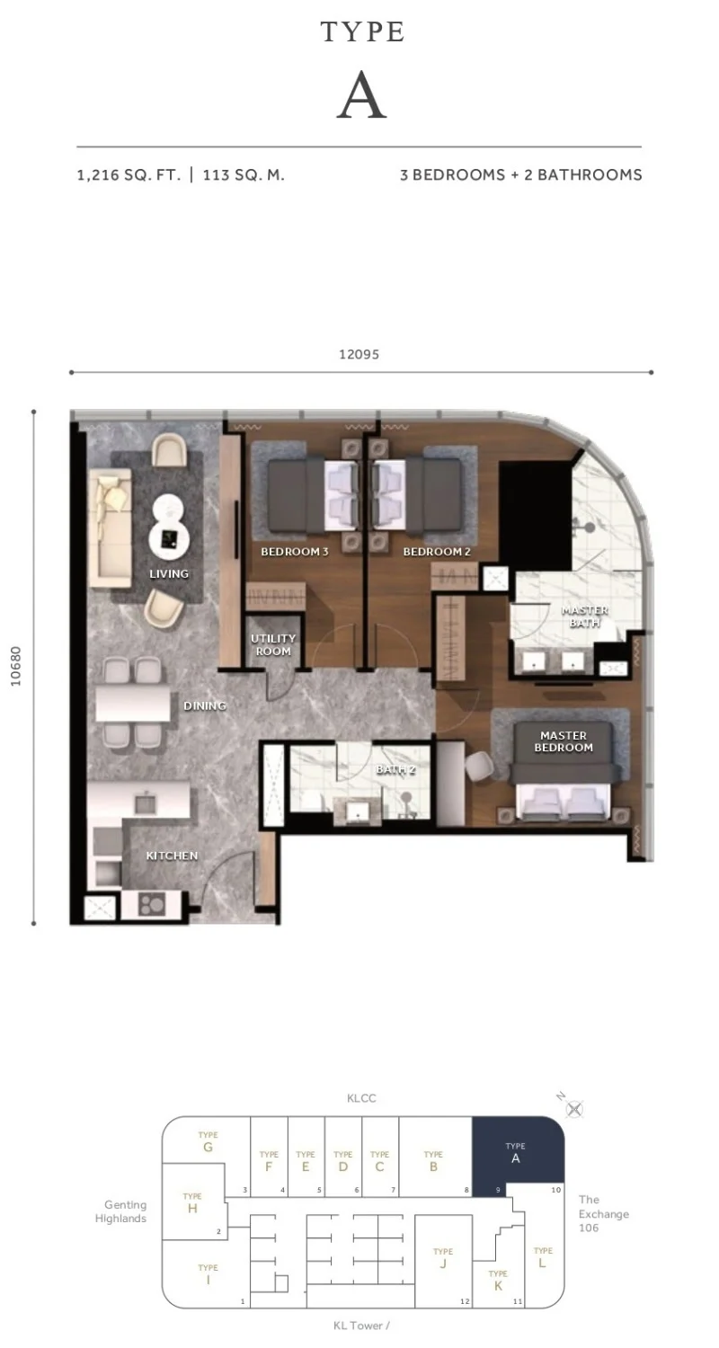 Type A floor plan and key plan diagram — CloutHaus Residences KLCC